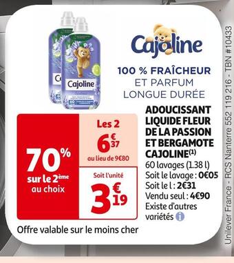 Auchan Supermarché Cajoline adoucissant liquide fleur de la passion et bergamote(1) offre