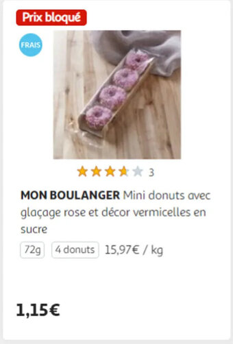 Auchan MON BOULANGER Mini donuts avec glaçage rose et décor vermicelles en sucre offre