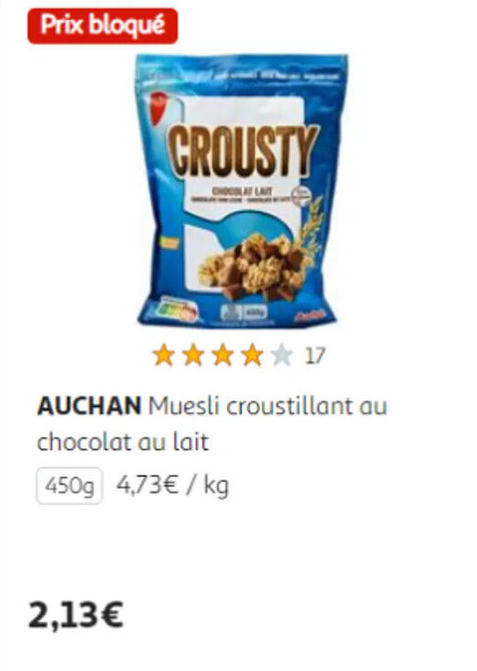 Promo AUCHAN Muesli croustillant au chocolat au lait chez Auchan