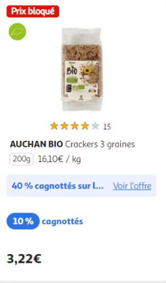 Auchan AUCHAN BIO Crackers 3 graines 200g offre