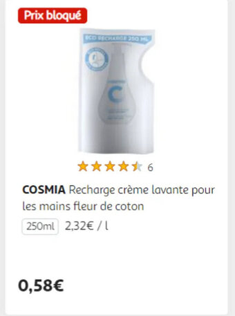 Auchan COSMIA Recharge crème lavante pour les mains fleur de coton offre