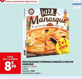 Auchan PIZZA FEU DE BOIS 3 FROMAGES SURGELÉE LA PIZZA DE MANOSQUE offre