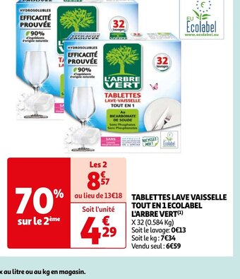 Auchan TABLETTES LAVE VAISSELLE TOUT EN 1 ECOLABEL L'ARBRE VERT offre