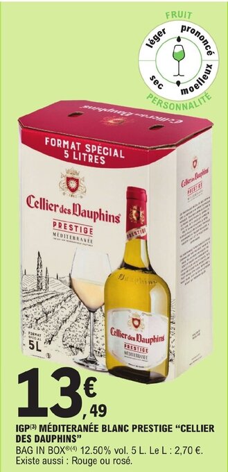 E.Leclerc IGP(3) MÉDITERANÉE BLANC PRESTIGE "CELLIER DES DAUPHINS" offre
