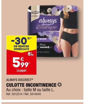 ALDI Always discreet culotte incontinence offre