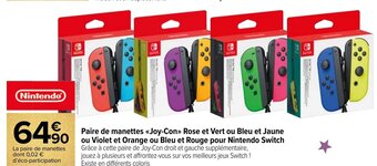Carrefour Paire de manettes «<Joy-Con» Rose et Vert ou Bleu et Jaune ou Violet et Orange ou Bleu et Rouge pour Nintendo Switch offre