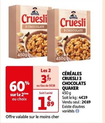 Auchan CÉRÉALES CRUESLI 3 CHOCOLATS QUAKER 450 g offre