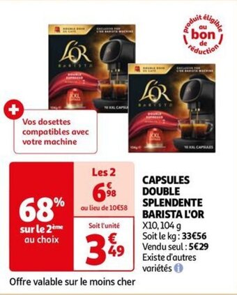 Auchan CAPSULES DOUBLE SPLENDENTE BARISTA L'OR X10, 104 g offre