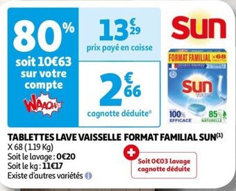 Auchan TABLETTES LAVE VAISSELLE FORMAT FAMILIAL SUN(¹) offre