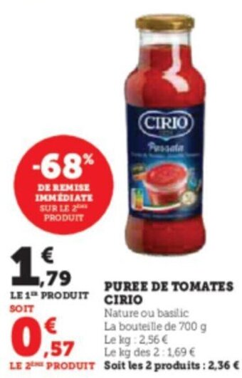 Super U PUREE DE TOMATES CIRIO Nature ou basilic offre