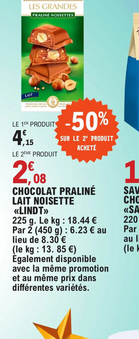 E.Leclerc CHOCOLAT PRALINÉ LAIT NOISETTE LINDT offre