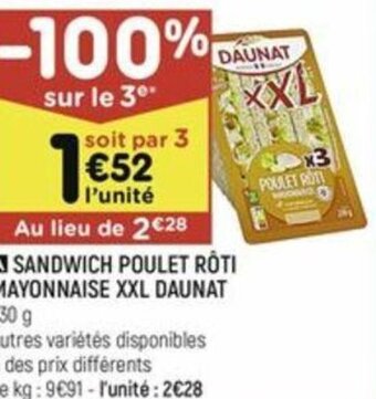 Leader Price A SANDWICH POULET RÔTI MAYONNAISE XXL DAUNAT 230 g offre