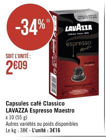 Géant Casino Capsules café Classico LAVAZZA Espresso Maestro offre