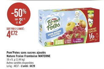 Géant Casino Pom'Potes sans sucres ajoutés Nature Fraise Framboise MATERNE offre