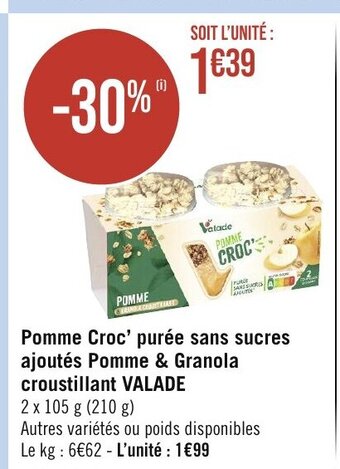 Géant Casino Pomme Croc' purée sans sucres ajoutés Pomme & Granola croustillant VALADE offre