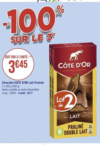 Géant Casino Chocolat COTE D'OR Lait Praliné offre