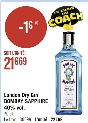 Géant Casino London Dry Gin BOMBAY SAPPHIRE offre