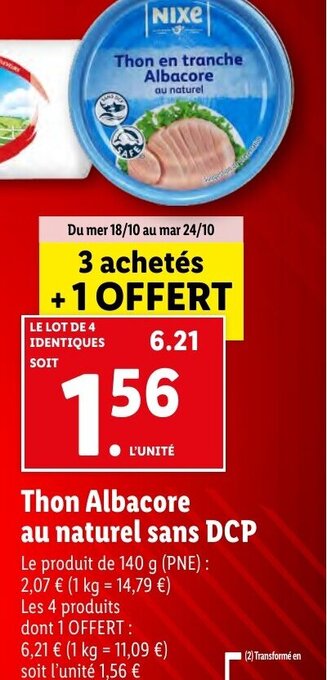 Lidl Thon Albacore au naturel sans DCP offre