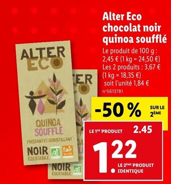 Lidl Alter Eco chocolat noir quinoa soufflé offre