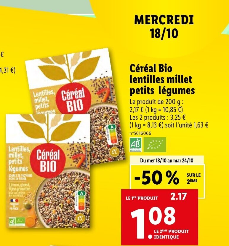 Promo Céréal Bio lentilles millet petits légumes chez Lidl