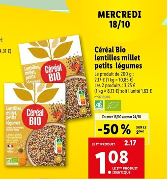 Lidl Céréal Bio lentilles millet petits légumes offre