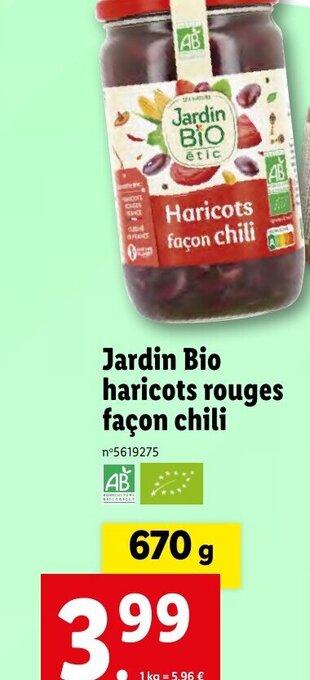 Lidl Jardin Bio haricots rouges façon chili offre