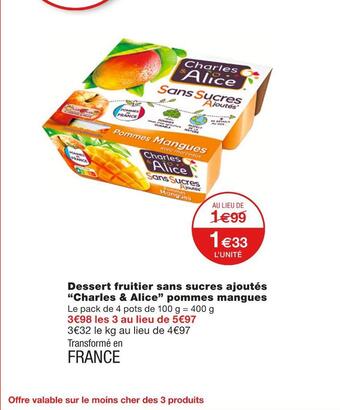 Monoprix Charles & alice dessert fruitier sans sucres ajoutés pommes mangues offre