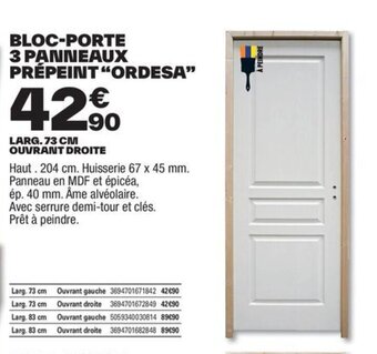 Brico Dépôt BLOC-PORTE 3 PANNEAUX PRÉPEINT "ORDESA" offre