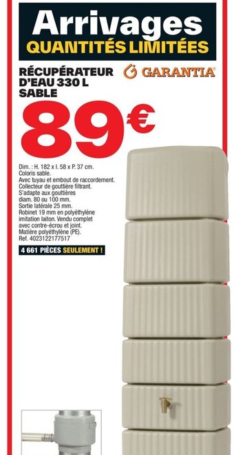 Brico Dépôt RÉCUPÉRATEUR GARANTIA D'EAU 330 L SABLE offre