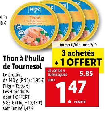 Lidl Nixe thon à l’huile de tournesol offre