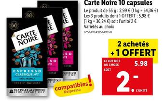 Lidl Carte noire carte noire 10 capsules offre