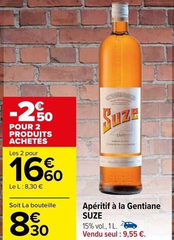 Apéritif à la Gentiane SUZE 15% vol., 1 L. Vendu seul : 9,55 €.