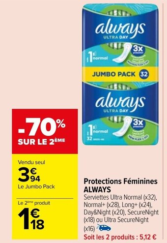 Carrefour Market Protections Féminines ALWAYS offre