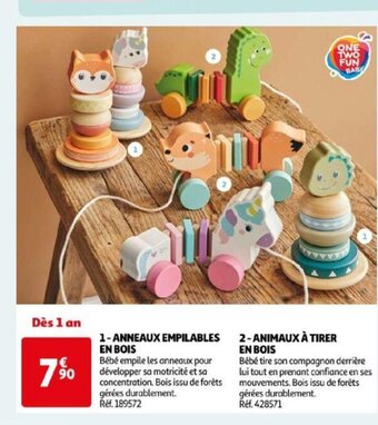 Auchan 1- ANNEAUX EMPILABLES EN BOIS /2-ANIMAUX À TIRER offre