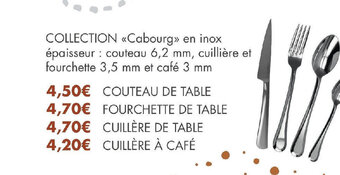 COLLECTION «Cabourg» en inox épaisseur : couteau 6,2 mm, cuilliÚre et fourchette 3,5 mm et café 3 mm