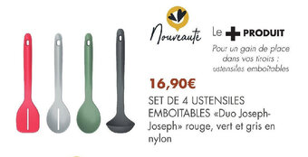SET DE 4 USTENSILES EMBOITABLES <<Duo Joseph-Joseph» rouge, vert et gris en nylon