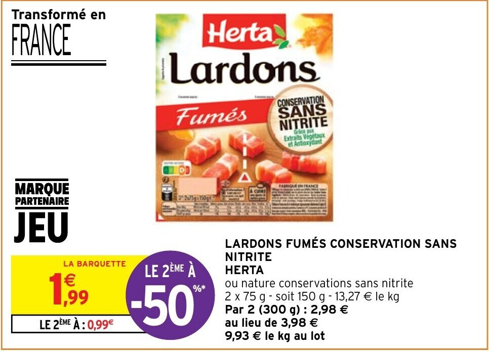 Promo LARDONS FUMÉS CONSERVATION SANS NITRITE HERTA chez Intermarché Hyper