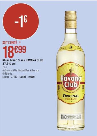 Casino Supermarchés Havana club rhum blanc 3 ans 37.5% vol offre