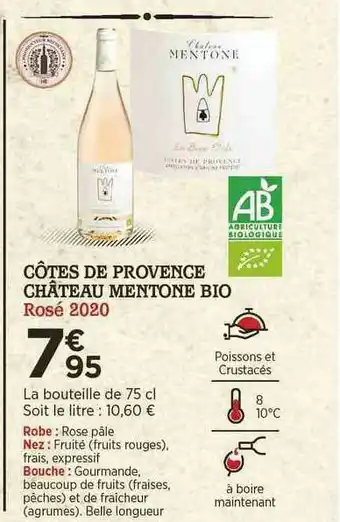 Bi1 Côtes De Provence Câteau Mentone Bio Rosé 2020 offre