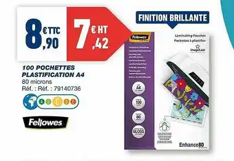 Bureau Vallée 100 Pochettes Plastification A4 Fellowes offre