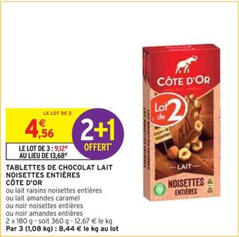Intermarché Côte d'or tablettes de chocolat lait noisettes entières offre