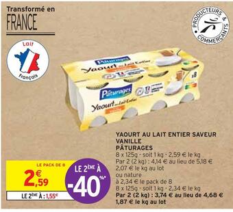 Intermarché Pâturages yaourt au lait entier saveur vanille offre