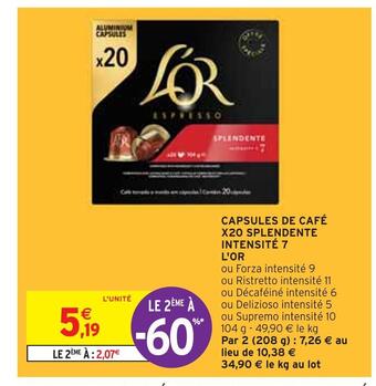 Intermarché L'or capsules de café x20 splendente intensité 7 offre
