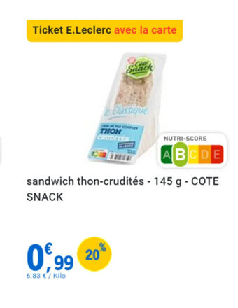 E.Leclerc Sandwich thon-crudités 145 g COTE SNACK offre