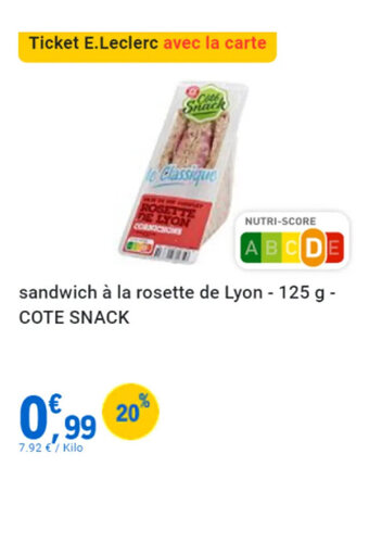 E.Leclerc Sandwich à la rosette de Lyon COTE SNACK offre