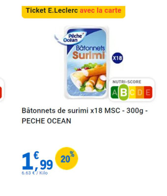 E.Leclerc Bâtonnets de surimi x18 MSCPeche Océan PECHE OCEAN offre