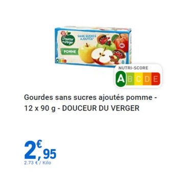 E.Leclerc Gourdes sans sucres ajoutés pomme - 12 x 90 g - DOUCEUR DU VERGER offre