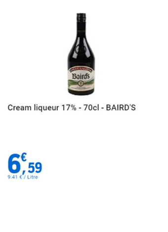 E.Leclerc Cream liqueur 17% - 70cl - BAIRD'S offre