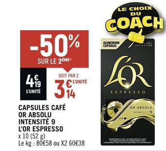 Vival L’or capsules café or absolu intensité 9 espresso offre