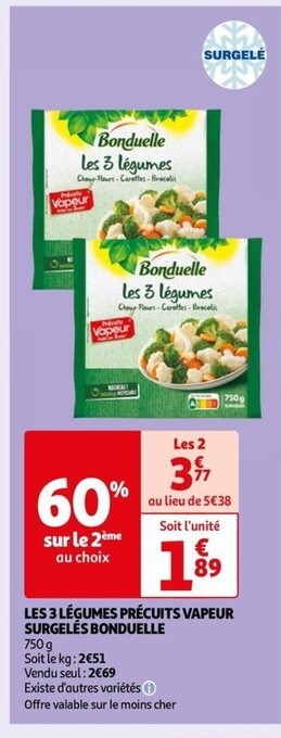Auchan LES 3 LÉGUMES PRÉCUITS VAPEUR SURGELÉS BONDUELLE offre